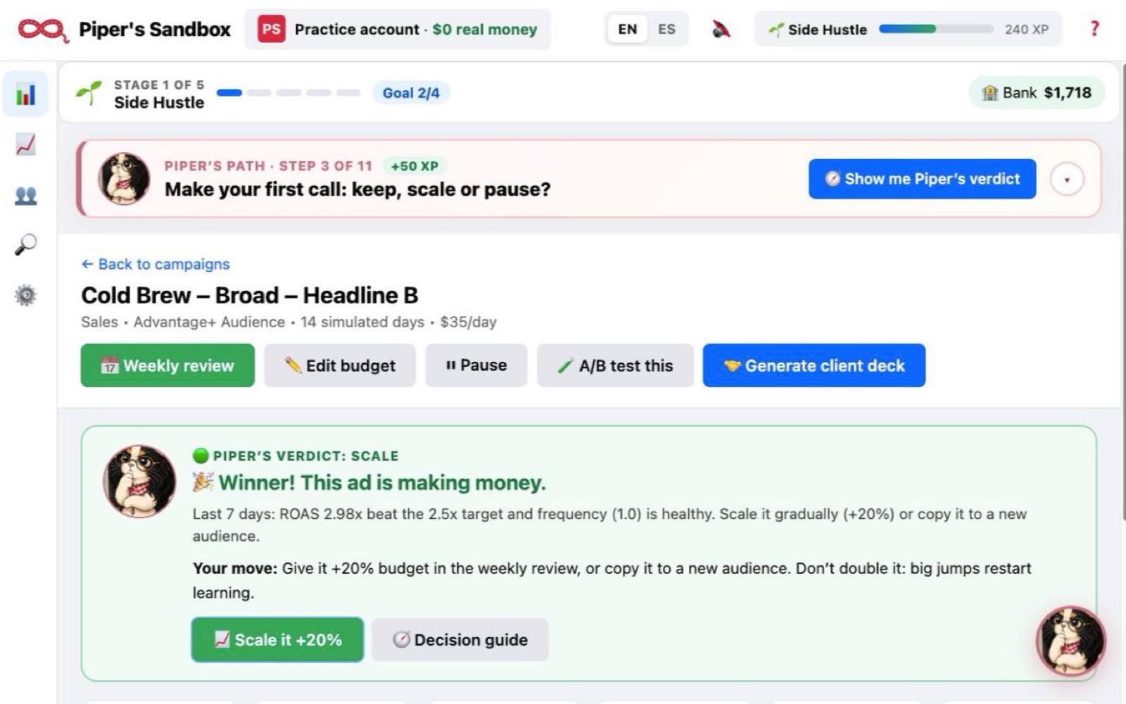 Piper's Sandbox showing a winning campaign with Piper's verdict: scale it 20 percent